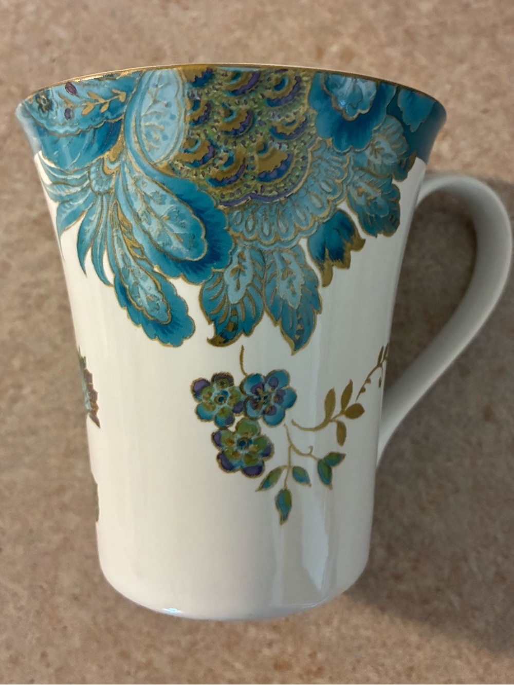 222 Fifth Blue and Gold Floral Porcelain FineChina Mug. Beautiful EUC